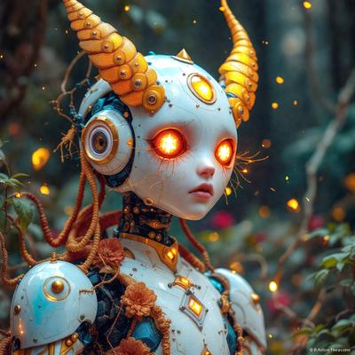 The primary subject of the image is a robotic-looking creature with a mix of human and animal features. It has a white and gold color scheme, and its eyes are glowing red. The robot is surrounded by a forest setting, with trees and flowers visible in the background. The visual style of the image is a combination of digital art and illustration, creating a unique and intriguing scene. The overall atmosphere of the image is mysterious and captivating, with the robot's glowing eyes drawing the viewer